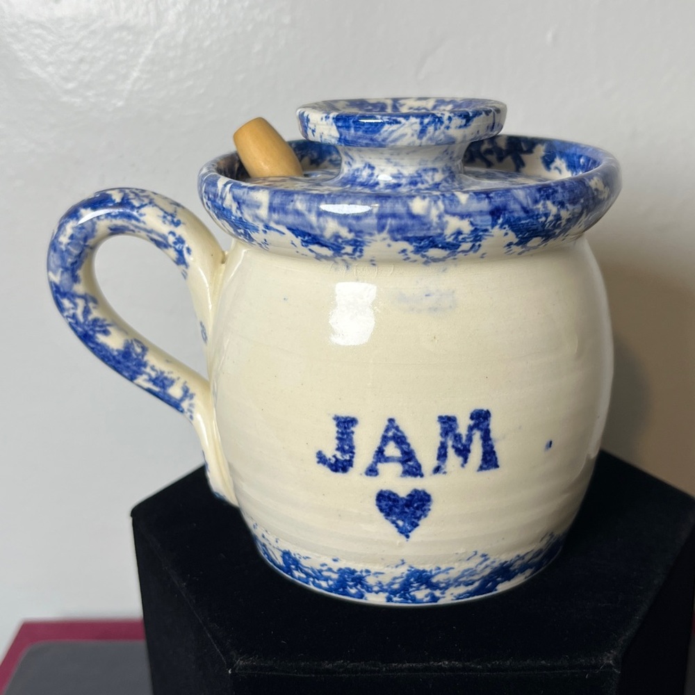 Artisan Pottery‎ Handmade Jam Jar Blue Sponge Heart Lidded with Wooden Spoon